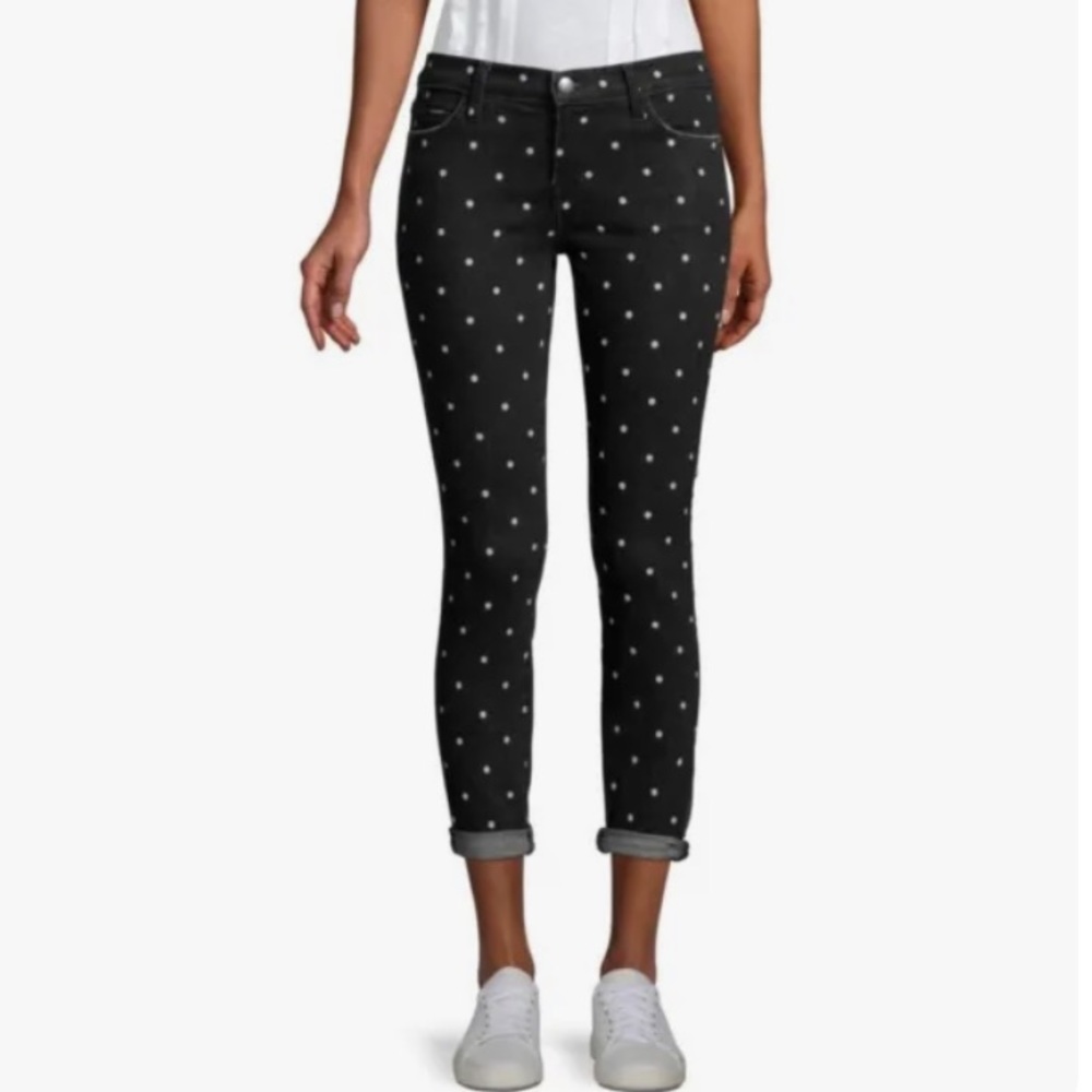 Black 5 pocket denim ankle crop polka dot 9” rise high waist rolled cuff jean
